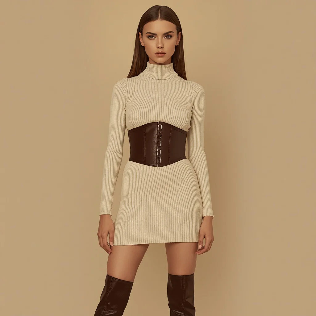 High Fashion Western Theme Leather Accented Dress Female — AI image prompt