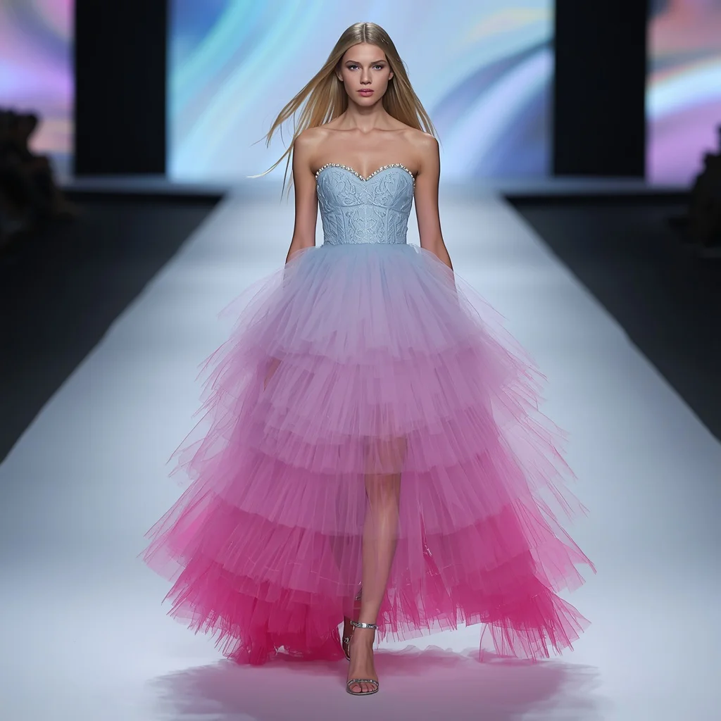 Ombre Tulle Rhapsody: A Gradient Dream on the Runway — AI image prompt