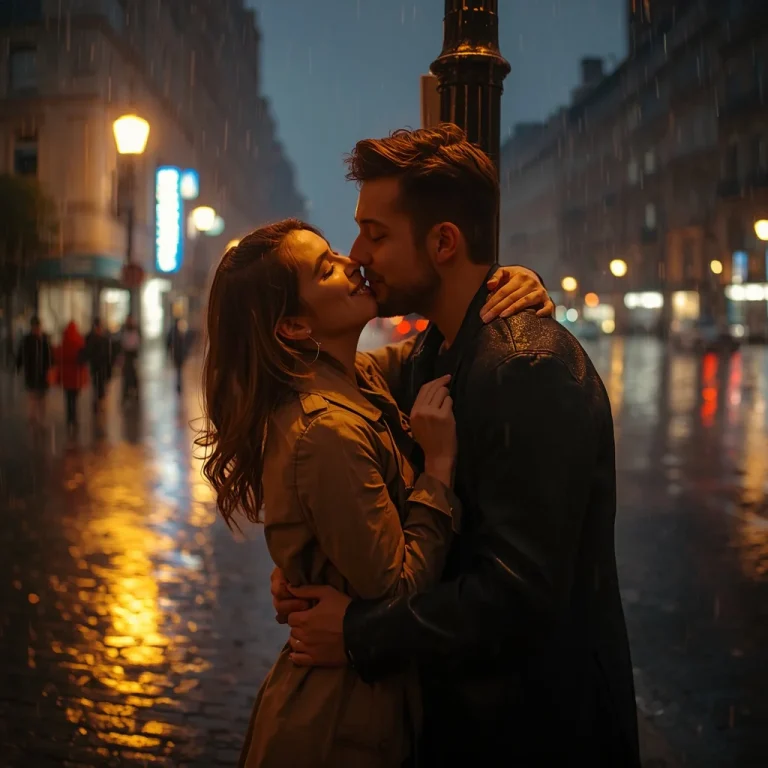 Romantic Couple Sharing a Playful Kiss in a Rainy City — AI image prompt
