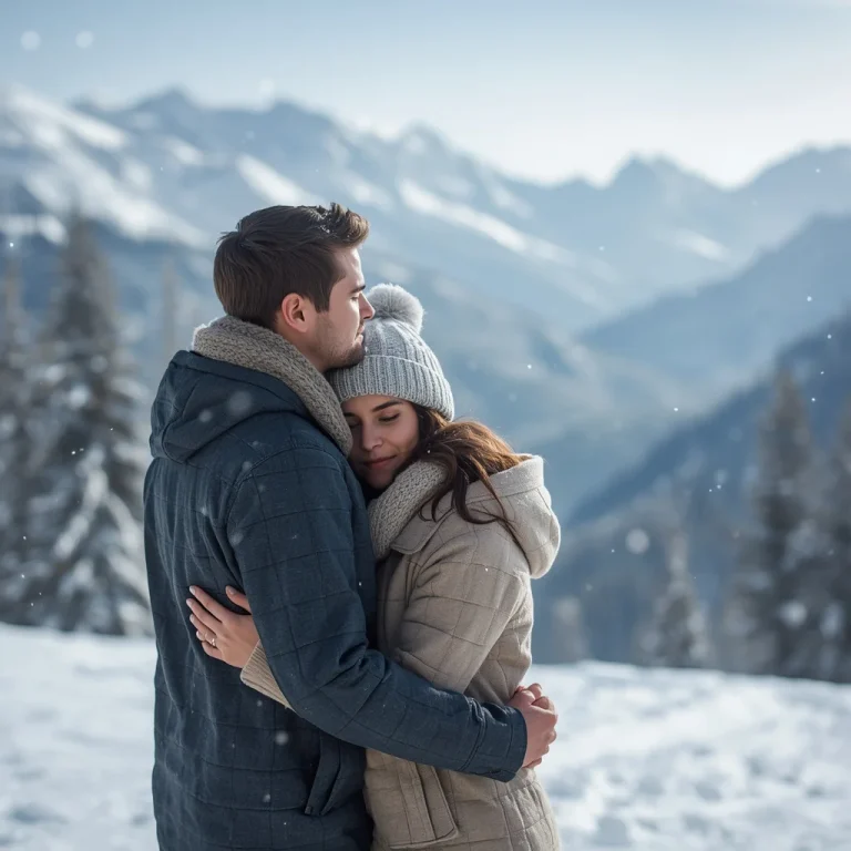 Romantic Couple Sharing a Tender Moment on a Snowy Mountain — AI image prompt