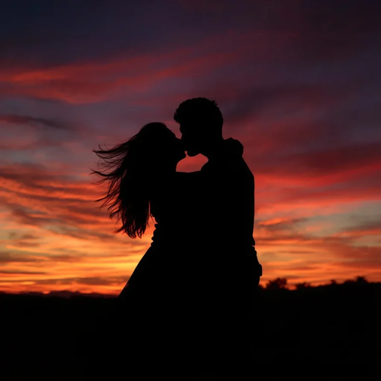 Romantic Couple’s Silhouetted Kiss Against a Vibrant Sunset Sky — AI image prompt