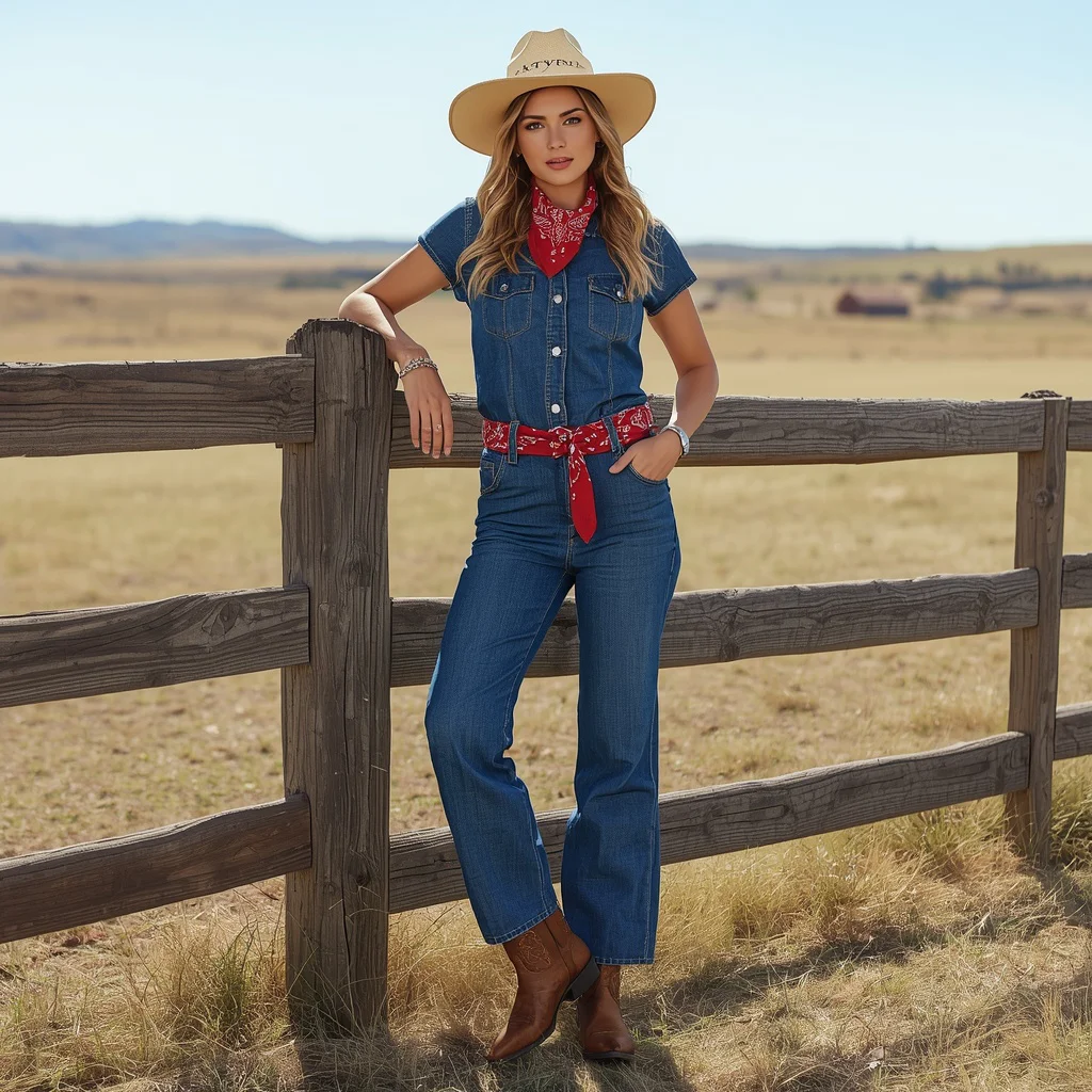 Rustic Denim Jumpsuit with Bandana and Cowboy Boots — AI image prompt