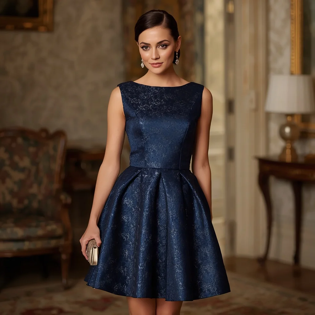 Sophisticated Brocade Cocktail Dress for Formal Reception — AI image prompt