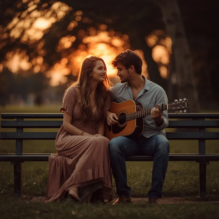Sunset Serenade: A Couple’s Romantic Park Bench Moment — AI image prompt