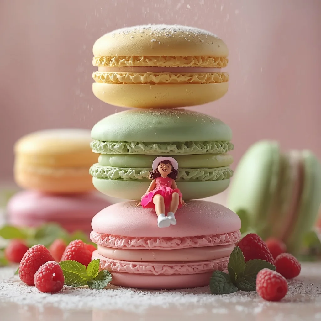 Whimsical Miniature Girl Sliding Down Giant Macaron Tower — AI image prompt